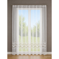 Halbtransparente Gardine Alexandra in Weiß-Taupe, feine Plauener Bogenspitze mit Wellen-Muster für exklusive Fensterdeko.
