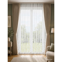 Braune Vorhänge und weißer Store mit Bogenstickerei im Wohnzimmer, edle Heimtextilien für gemütliches Ambiente.