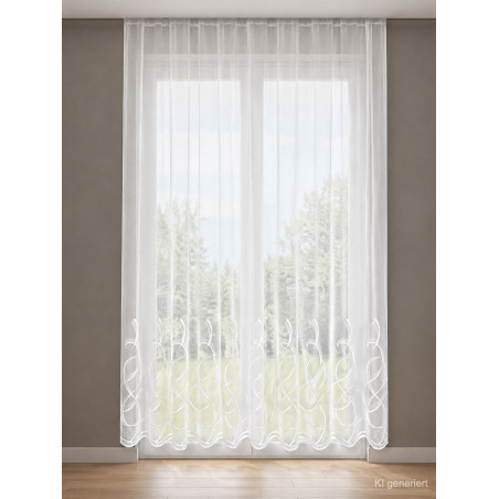 Weißer Store Raja mit eleganter Bogen-Stickerei am Saum, transparenter Sichtschutz für ein helles Wohnambiente.