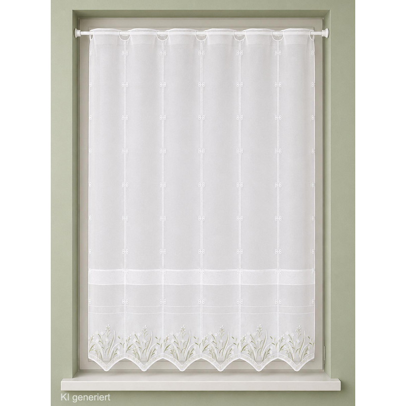 Halbtransparenter Clipstore aus Plauener Spitze, buntes Bergwiesen-Motiv am Fenster für frische Heimtextilien-Deko.