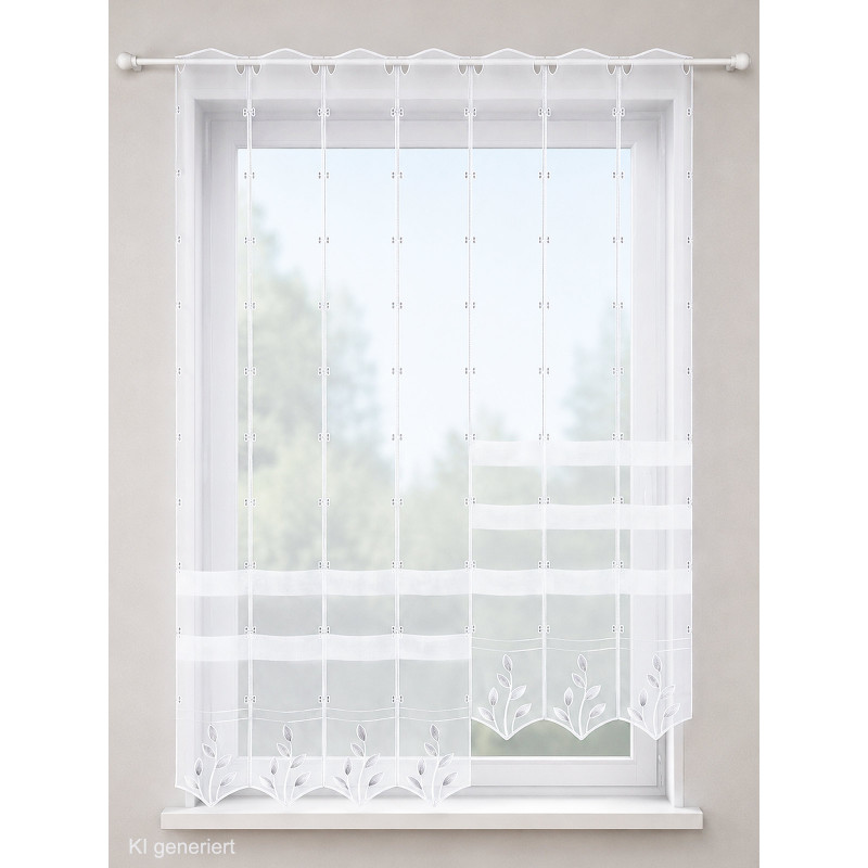 Halbtransparenter weißer Clipstore mit gestickten Blättern und Plauener Spitze am Fenster.