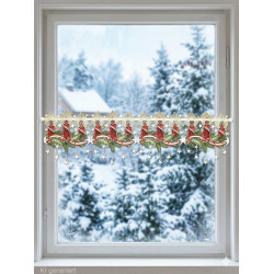 Kleine Scheibengardine aus Plauener Spitze mit gestickten Weihnachtskerzen und roten Schleifen.