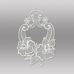 Freigestelltes Fensterbild Rosen aus Plauener Spitze in Crmeweiß auf grauem Grund, filigrane Spitze Fensterdeko.