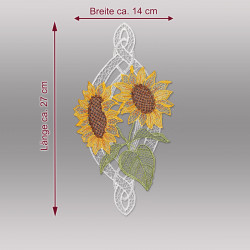 Fensterbild Sonnenblume aus Plauener Spitze mit Maßangaben: Breite ca. 14 cm, Länge ca. 27 cm für Heimtextilien.