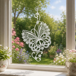 Detailreiche Stickerei eines Schmetterlings aus Plauener Spitze als Fensterdekoration am Wohnzimmerfenster.