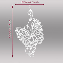 Fensterbild Schmetterling aus Plauener Spitze mit Maßangaben: Breite ca. 15 cm, Länge ca. 24 cm für Heimtextilien.