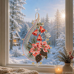 Weihnachtliches Fensterbild Christrosen mit Tannenzapfen aus echter Plauener Spitze dekoriert am Fenster.