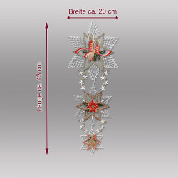 Fensterbild Weihnachtssterne aus Plauener Spitze mit Maßangaben: Breite ca. 12 cm, Länge ca. 35 cm.