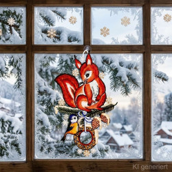 Winter-Fensterbild mit gesticktem Eichhörnchen und Vogel aus Plauener Spitze, Wohnzimmer-Deko am Fenster.