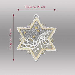 Fensterbild Eisstern aus Plauener Spitze mit Maßangaben: Breite ca. 20 cm, Länge ca. 23 cm für Heimtextilien.