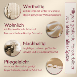 Infografik zu Vorteilen filigran gestickter Fensterbilder aus Plauener Spitze wie langlebig und pflegeleicht.