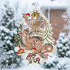 Winterliches Fensterbild Rehe an der Futterkrippe aus Plauener Spitze am Fenster, Weihnachtsdeko Heimtextilien.