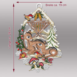 Fensterbild Rehe aus Plauener Spitze mit Maßangaben: Breite ca. 19 cm, Länge ca. 28 cm für Heimtextilien.