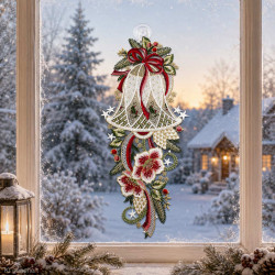 Gesticktes Fensterbild Glocke mit Winterblumen aus Plauener Spitze am Fenster, Deko Heimtextilien.