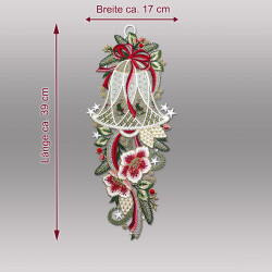 Fensterbild Glocke aus Plauener Spitze mit Maßangaben: Breite ca. 17 cm, Länge ca. 39 cm für Heimtextilien.