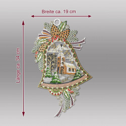 Fensterbild Weihnachtsklocke aus Plauener Spitze mit Maßangaben: Breite ca. 19 cm, Länge ca. 34 cm.