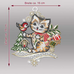 Produktgrafik mit Maßen des Fensterbildes "Katze mit Laterne" aus Plauener Spitze (Breite 16 cm, Höhe 19 cm).