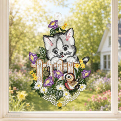 Gesticktes Fensterbild mit einer Katze auf einem Holzzaun im idyllischen Frühlings-Ambiente am Fenster.