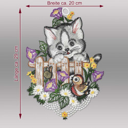 Produktgrafik mit Abmessungen des Fensterbildes "Katzen auf Zaun" aus filigraner Spitze (Breite 20 cm, Höhe 29 cm).