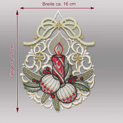 Produktgrafik mit Abmessungen des Fensterbildes "Kleine Kerze" aus feiner Spitze (Breite 16 cm, Höhe 21 cm).