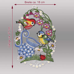 Produktgrafik mit Maßen des Fensterbildes "Vögel am Krug" aus Plauener Spitze (Breite 18 cm, Höhe 27 cm).