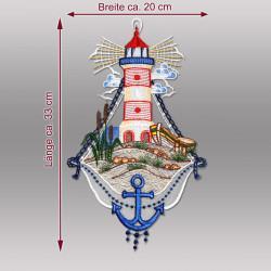 Produktgrafik mit Abmessungen des maritimen Fensterbildes "Leuchtturm" aus feiner Spitze (Breite 20 cm, Höhe 33 cm).