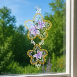 Gesticktes Fensterbild mit lila Orchideen in einem Medaillon vor hellem Natur-Ambiente am Fenster.