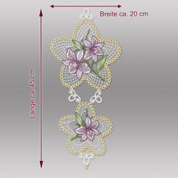 Produktgrafik mit Maßen des Fensterbildes "Orchideen-Medaillon" aus Plauener Spitze (Breite 20 cm, Höhe 45 cm).