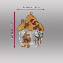 Produktgrafik mit Abmessungen des herbstlichen Fensterbildes "Pilzhaus" aus Spitze (Breite 14cm, Höhe 19 cm).
