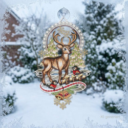 Filigranes Weihnachts-Fensterbild aus Spitze mit Rentiermotiv vor einem verschneiten Winterwald am Fenster.
