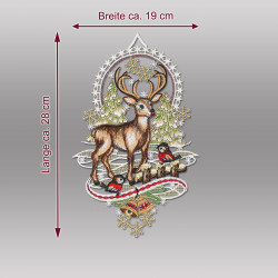 Produktgrafik mit Abmessungen des Fensterbildes "Rentier im Wald" aus Plauener Spitze (Breite 19 cm, Höhe 28 cm).