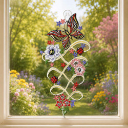 Filigranes Frühlings-Fensterbild aus Spitze mit Schmetterling-Motiv vor einem hellen Fenster mit Garten-Ausblick.