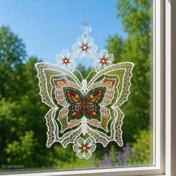 Filigranes Fensterbild mit buntem Schmetterling vor einem hellen Fenster mit Ausblick auf eine blühende Sommerwiese.