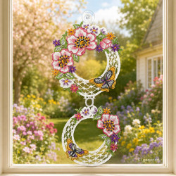 Filigrane Frühlings-Fensterbild mit detailreichen Blütenmotiven vor einem hellen Fenster.