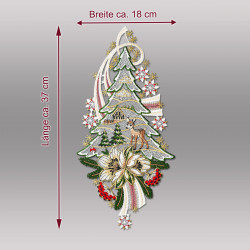 Produktgrafik mit Maßen des weihnachtlichen Fensterbildes "Tanne mit Reh" aus Plauener Spitze (Breite 18 cm, Höhe 37 cm).