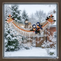 Filigranes Winter-Fensterbild in Form eines Bogens vor einem hellen Fenster mit winterlichem Ausblick.