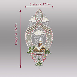 Produktgrafik mit Maßen des Fensterbildes "Winterlandschaft" aus Plauener Spitze (Breite 17 cm, Höhe 35 cm).