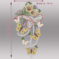 Produktgrafik mit Maßen des Fensterbildes "Zitronenfalter" aus feiner Spitze (Breite 19 cm, Höhe 35 cm).