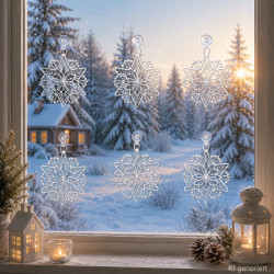 Sechs zarte, gestickte Schneeflöckchen als weihnachtliches Fensterbild-Set im gemütlichen Wohnzimmer-Ambiente.