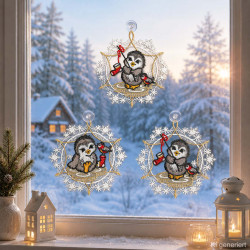 Drei gestickte Pinguine mit roten Accessoires als gemütliches Fensterbild-Set an einer Fensterscheibe mit winterlichem Ausblick.