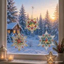 Drei gestickte Weihnachtssterne als dekoratives Fensterbild-Set im gemütlich beleuchteten Wohnzimmer-Ambiente.