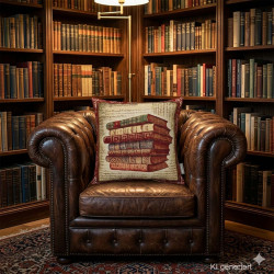Gobelin-Dekokissen mit Vintage-Büchermotiv auf braunem Chesterfield-Sessel in einer edlen Bibliothek im Landhausstil.