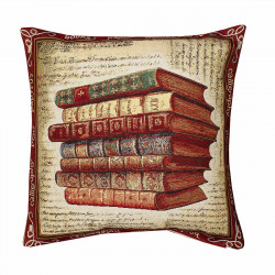 Quadratischer Kissenbezug aus Gobelin mit antikem Bücherstapel-Motiv und Schriftzügen auf beigem Hintergrund.
