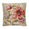 Quadratischer Kissenbezug aus festem Gobelin mit romantischem Blumenmotiv und Postkarten-Schriftzug im Vintage-Stil.