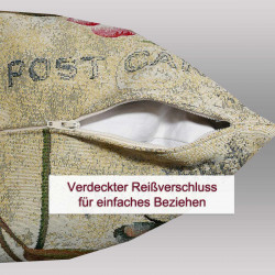 Detailansicht der Kissenhülle mit geöffnetem, verdecktem Reißverschluss an der Unterseite für leichtes Beziehen.
