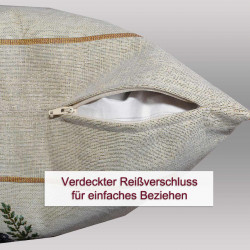 Detailansicht der Kissenhülle mit geöffnetem, verdecktem Reißverschluss an der Unterseite für leichtes Beziehen.