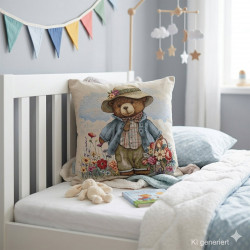 Modernes Gobelin-Dekokissen mit Teddybär-Muster auf einem Bett im Kinderzimmer.
