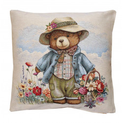 Hochwertige Gobelin-Kissenhülle mit süßem Teddy- Muster freigestellt vor grauem Hintergrund.