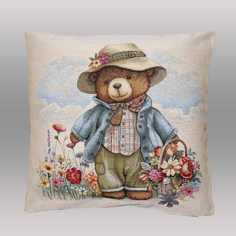 Quadratischer Kissenbezug aus festem Gobelin mit niedlichem Teddy-Design in harmonischen Farben.