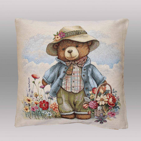 Quadratischer Kissenbezug aus festem Gobelin mit niedlichem Teddy-Design in harmonischen Farben.